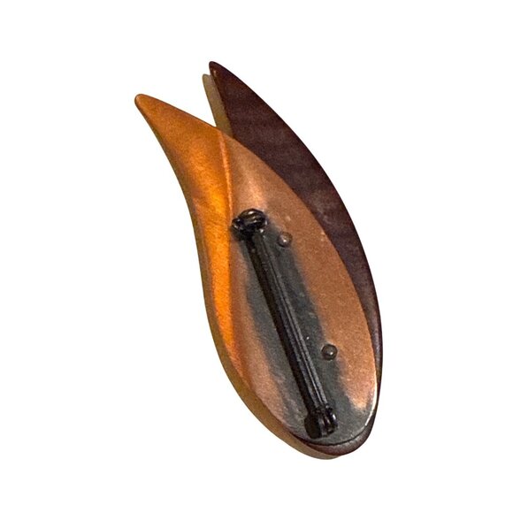 Vintage Wooden & Copper-Tone Brooch Flame Design Handcrafted Accent Piece - Picture 4 of 10
